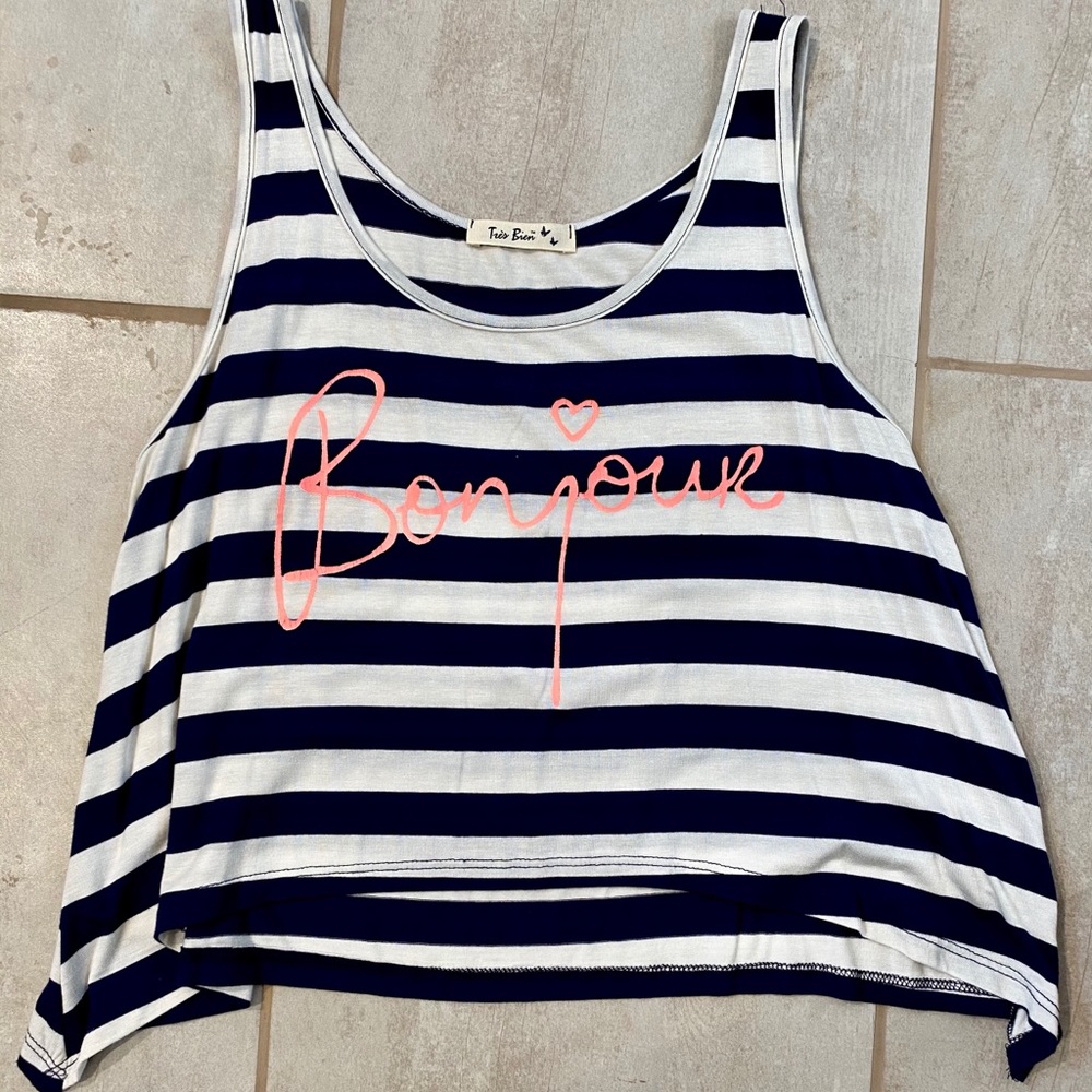 Striped navy & white bonjour crop top blouse shirt